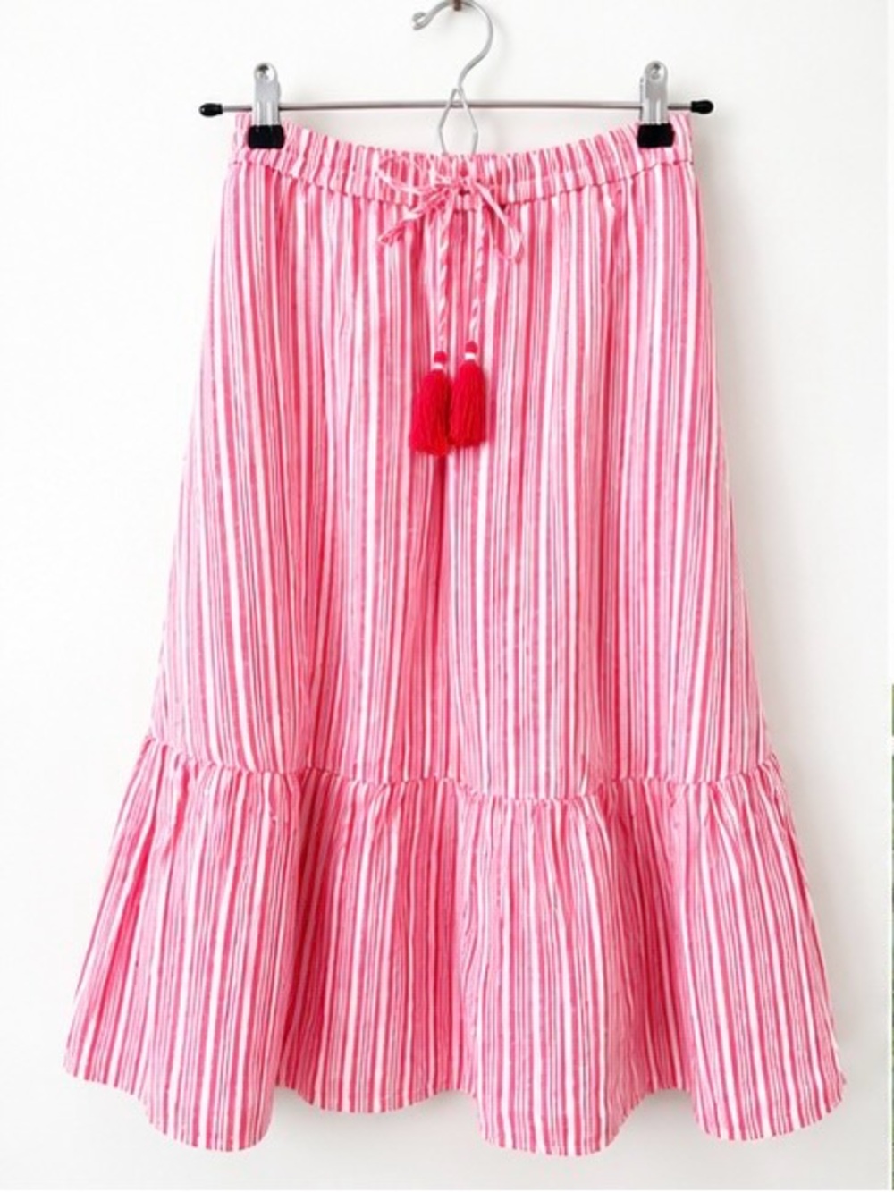 Talbots Red Pepper Multi Linen Stripe Tassel Tie Lined Maxi Skirt M-Petite - Picture 2 of 7